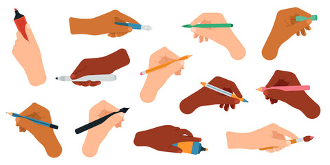 Writing tools in hand. Pen, pencil, stylus, felt-tip pen in arms, writing and drawing tools vector illustration icons set. Pencil and pen, ballpoint and marker in hands