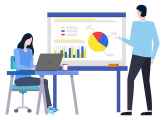 Woman sitting at desktop with laptop and coffee, manager presenting diagram report or scheme. Workers characters on workplace, teamwork strategy vector