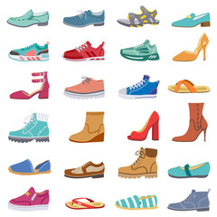 Footwear collection. Male and female shoes, sneakers, flat and boots, trendy winter, spring shoes, elegant footwear vector illustration icons set. Female footwear and sneakers, foot shoes fashionable