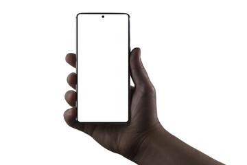 Hand holding phone. Silhouette of male hand holding bezel-less smartphone isolated on white background. Screen is cut with clipping path. - 359686967