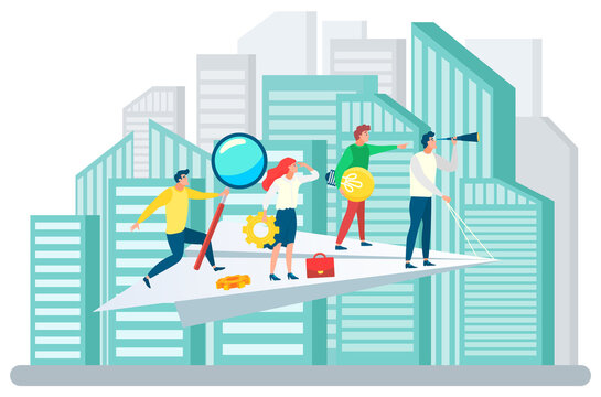People working together vector, cityscape with team on paper plane. Leader and workers with tools, cogwheel and magnifying glass, briefcase and bulb. People following leader. Team business strategy