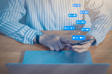 Person using a social media marketing concept on mobile phone with notification icons of like, message