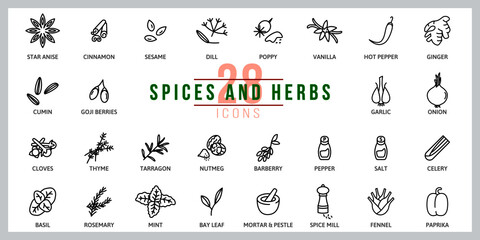 Set of icons Spices and Herbs. Outline illustration vector. Pictogram for web page, mobile app, promo. UI UX GUI design element. Editable stroke. Vector.
