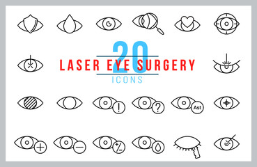 Set of icons for eye laser clinic. Outline illustration vector. Pictogram for web page, mobile app, promo. UI UX GUI design element. Editable stroke.