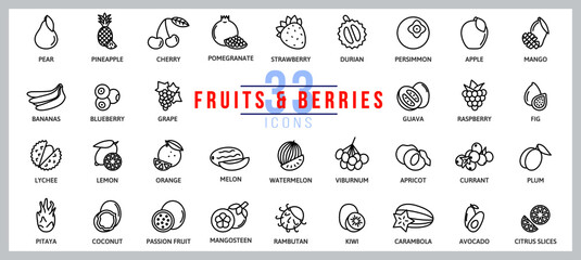 Set of icons fruits and berries. Outline illustration vector. Pictogram for web page, mobile app, promo. UI UX GUI design element. Editable stroke. Vector.