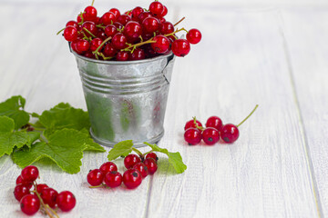 Red currants on a light wooden background. Vitamin cocktail.