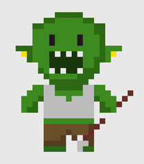 Pixel character vector, zombie with weapon, isolated green troll with scary look and angry face, frightening man villain of game, pixelated personage