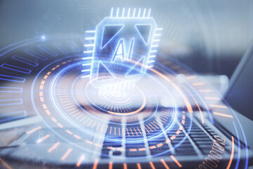 Technology theme drawing and table with computer. Double exposure. Concept of information.