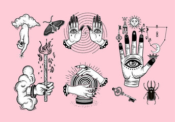 Occultism Set with Alchemical symbols on The Hand, Hand of God with clouds, Hands with Eyes, Crystal Ball, Rhinoceros Beetle.