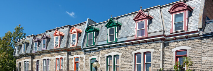 Panorama of colorful Victorian houses in Le plateau Mont Royal borough in Montreal, Quebec
