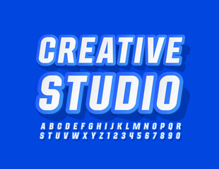 Vector modern logo Creative Studio with trendy Font. Sticker style Alphabet Letters and Numbers