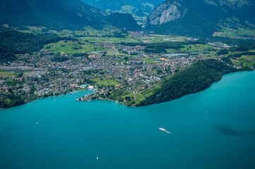 aerial view of the Bay of Spiez, Lake Thun and a course ship