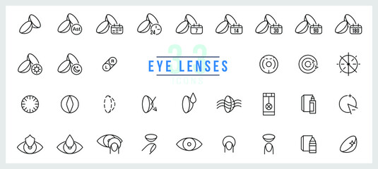 Simple Set of Eye Lens Related Vector Line Icons. Contains such Icons as Use time, Protection Container, Astigmatics, Lenses type, Solution and more. Editable stroke.