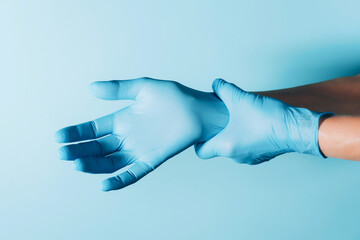 Doctor wears blue sterilized surgical gloves on blue background. Copy space. National Doctors' Day. International Nurses Day. Health protection equipment during quarantine Coronavirus pandemic