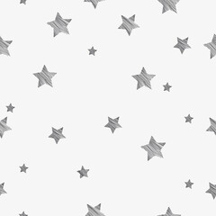 Seamless graphic pattern with the image of a simple geometric shape of the star. Vector illustration. Black and white, with elements of the hatch.