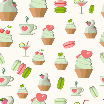 A seamless pattern with cute image Cake, cups and cocktail glasses. Vector illustration. On a light background tender.
