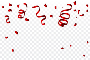 Many Falling Red Tiny Confetti And Ribbon Isolated On Transparent Background. Vector