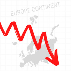 Europe continent map with falling arrow. Financial stagnation, recession, crisis, business crash, stock markets down, economic collapse. Downward trend concept illustration on white background 
