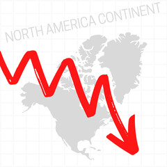 North America continent map with falling arrow. Financial stagnation, recession, crisis, business crash, stock markets down, economic collapse. Downward trend illustration on white background
