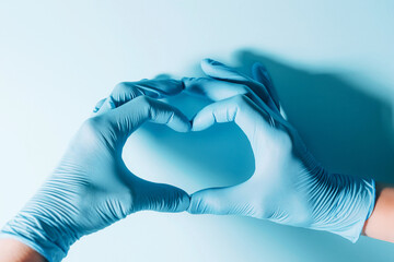 Figure heart built with hands in medical gloves on blue background. Copy space. National Doctors'...