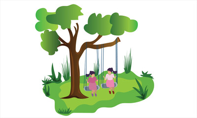 Two sister play swing tree flat illustration