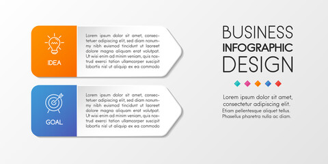 Fototapeta premium Diagram with business icons and 2 steps. Vertical infograph design. Vector
