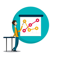 Teacher with Chart on Wall. Presenter Vector Illustration with Graph on Paper Background.