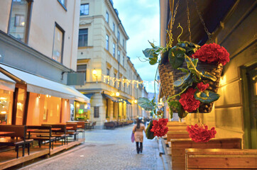 Flores in a street with typical swedish architecture in the Gamla Stan district, Stockholm, Sweden