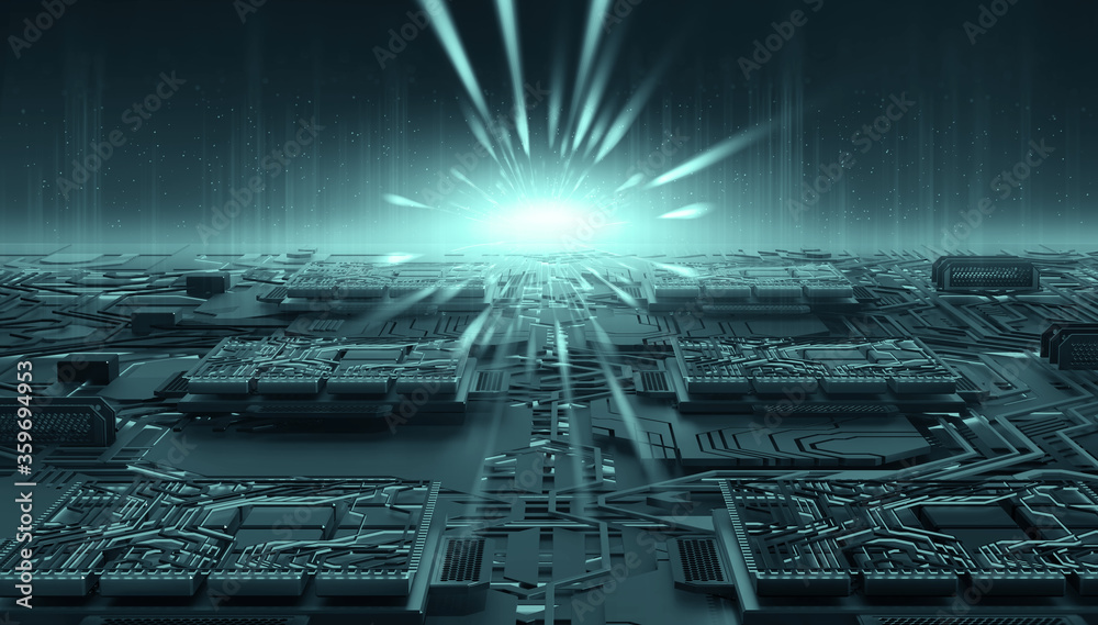 Poster Futuristic computer panel, digital circuit and quantum processor concept. 3D illustration of high-tech nano elements of artificial intelligence