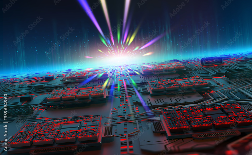 Aufkleber Futuristic computer panel, digital circuit and quantum processor concept. 3D illustration of high-tech nano elements of artificial intelligence