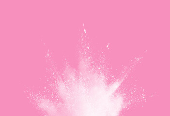 White powder explosion isolated pink background.