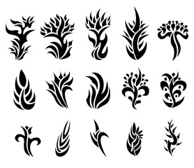 Fototapeta na wymiar Decorative floral signs. Black vegetable tribal emblems. Set of floral design elements