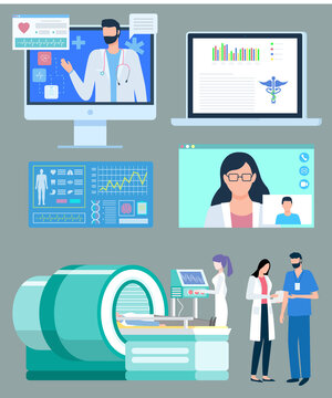 MRI in hospital vector, isolated doctors on screens. Nurse and doc with assistant conducting magnetic resonance imaging of patient. Checkup diagnostics
