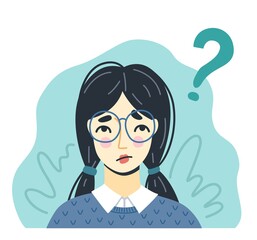 Portrait of thinking young girl in glasses, searching for ideas. Question concept. Hand-drawn character. Vector illustration.