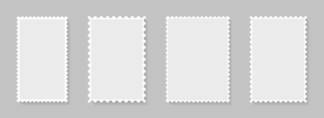 Postage stamp perforated borders. Blank postal frame template for design album, mail, postcard. Vintage postage stamps for envelopes, letter. Isolated paper square boarder. vector. - obrazy, fototapety, plakaty