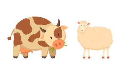 Cow and sheep isolated cartoon style animals. Vector spotted young bovine calf and white lamb or mutton, ruminant domesticated cartoon style pets