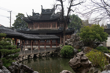 February 2019. A rainy day at Yuyuan Garden. It is a classic Chinese garden that rises in the northeast of Shanghai's old city.