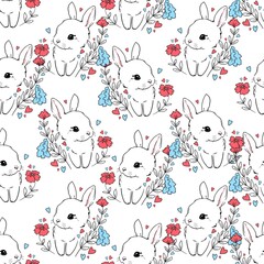 Obraz premium Seamless Pattern cute bunny and flowers. Vector illustration. Childish print design for nursery, t-shirt, textile, background.