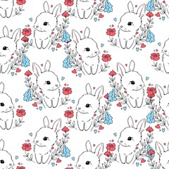 Seamless Pattern cute bunny and flowers. Vector illustration. Childish print design for nursery, t-shirt, textile, background.