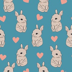 Seamless pattern Rabbit and Heart. Hand Drawn Cute Bunny Pattern, print design background, children print textile design. Vector