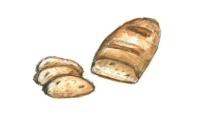 Watercolorbread sketch with paint splashes, isolated on white background