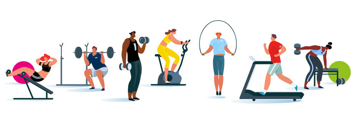 People exercising at modern gym. Athletic man and woman on training apparatus have various physical exercises. Enjoy sport activity.  Vector flat illustration set. 