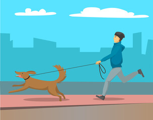 Man walking street with his pet. Person running with dog on leash outdoor. Male and friend of human together. Silhouette of buildings and skyscrapers on background. Vector illustration in flat style
