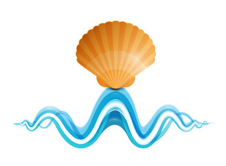 Seashell on Wave Vector Illustration Isolated on White Background. Orange Shell on Water Surface Symbol.