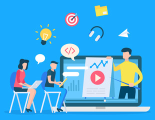 Electronic library icons in laptop and IT developers vector. Music player and folder, paper plane and lamp, target and chat cloud, office workers