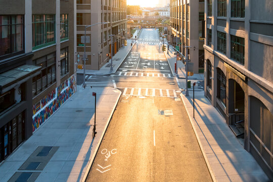 Empty Streets And Sidewalks Of New York City With The Light Of Sunset Shining On Pearl And Prospect Streets In Brooklyn