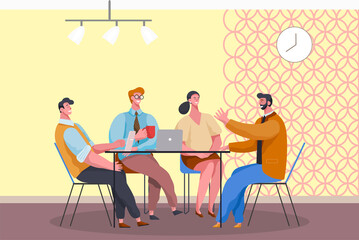 Businessmen and businesswoman thinking on developing business strategy. Meeting of office workers or partners with projects ideas and proposals. Developers on conference. Vector in flat style