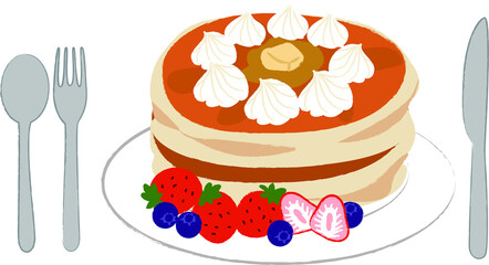 パンケーキとフルーツとカトラリーのイラスト