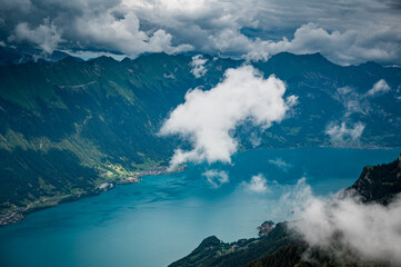 aerial view of Lake Brienz in the Bernese Alps seen from a helicopter