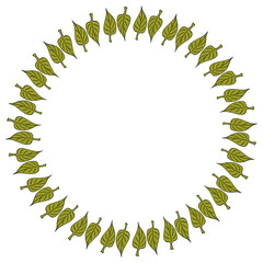 Round frame with green doodle leaves on white background. Vector image.